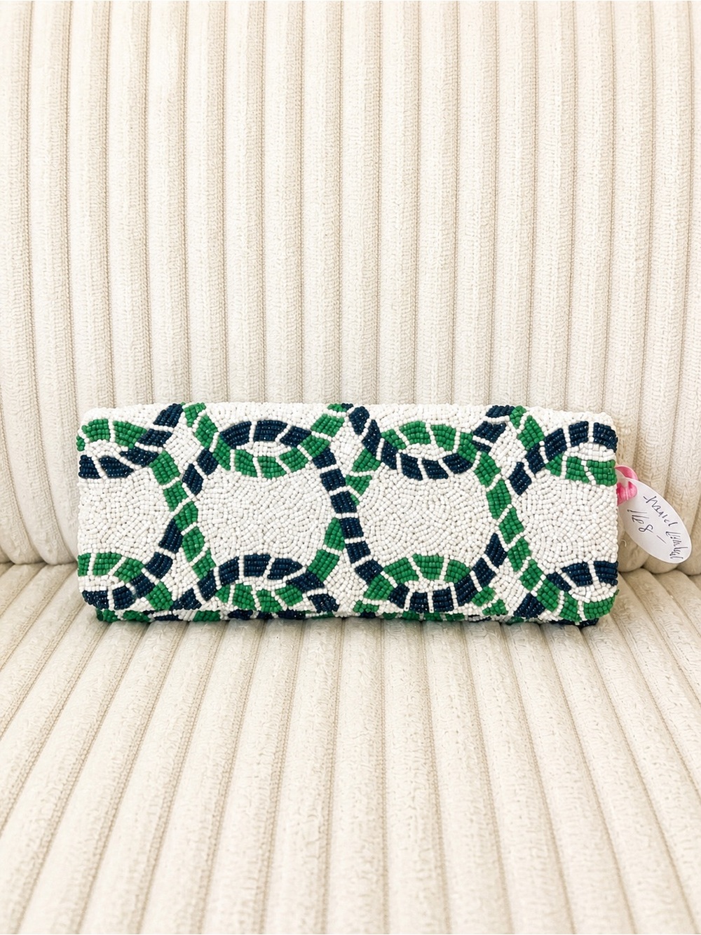 Beaded Geometric Clutch in White, Green & Navy by